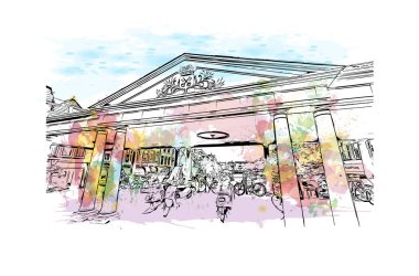  Hollanda 'da Leiden' ın tarihi yapısına sahip bir bina. Vektörde elle çizilmiş resim ile suluboya sıçraması.