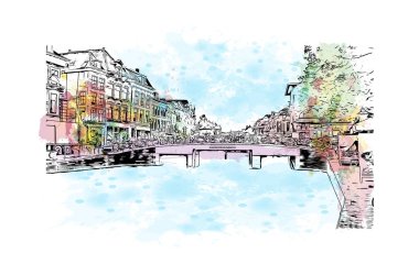  Hollanda 'da Leiden' ın tarihi yapısına sahip bir bina. Vektörde elle çizilmiş resim ile suluboya sıçraması.