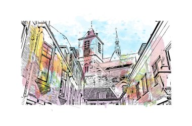  Hollanda 'da Leiden' ın tarihi yapısına sahip bir bina. Vektörde elle çizilmiş resim ile suluboya sıçraması.