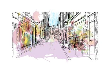  Hollanda 'da Leiden' ın tarihi yapısına sahip bir bina. Vektörde elle çizilmiş resim ile suluboya sıçraması.