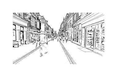 Leiden 'ın simgesi olan Print Building View Hollanda' da bir şehirdir. Vektörde elle çizilmiş çizim çizimi.