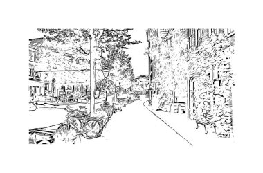 Leiden 'ın simgesi olan Print Building View Hollanda' da bir şehirdir. Vektörde elle çizilmiş çizim çizimi.