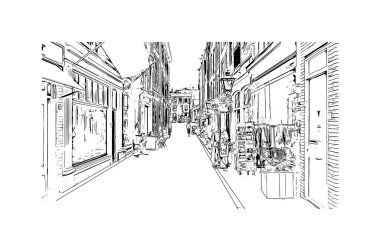 Leiden 'ın simgesi olan Print Building View Hollanda' da bir şehirdir. Vektörde elle çizilmiş çizim çizimi.