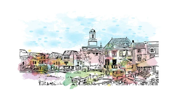 莱顿的标志性建筑景观是荷兰的一个城市 矢量手绘示意图水彩画 — 图库矢量图片