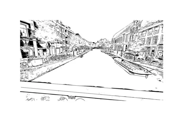 Print Building View Landmark Leiden City Netherlands Hand Drawn Sketch — Stock vektor