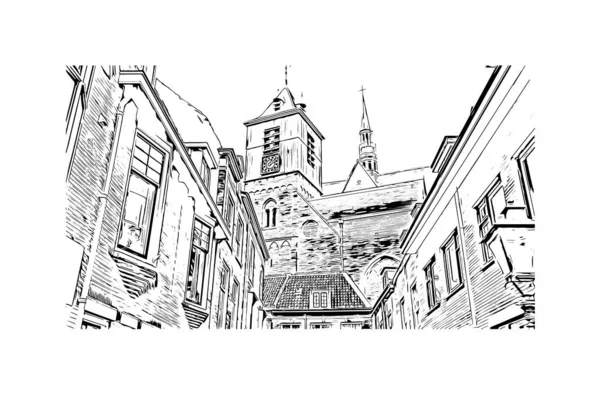 Print Building View Landmark Leiden City Netherlands Hand Drawn Sketch — 图库矢量图片