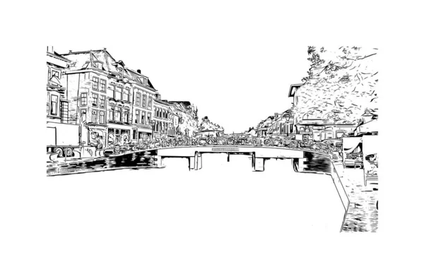Print Building View Landmark Leiden Staden Nederländerna Handritad Skiss Illustration — Stock vektor