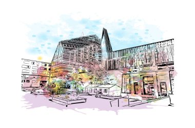 Leipzig, Almanya 'da yer alan bir şehirdir. Vektörde elle çizilmiş resim ile suluboya sıçraması.