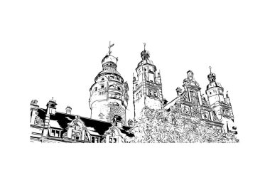 Leipzig, Almanya 'da yer alan bir şehirdir. Vektörde elle çizilmiş çizim çizimi.