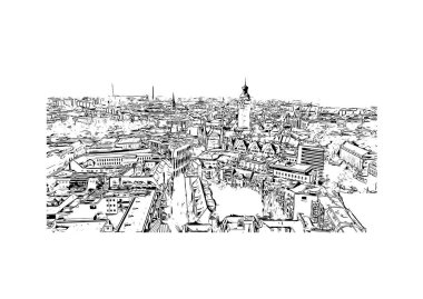 Leipzig, Almanya 'da yer alan bir şehirdir. Vektörde elle çizilmiş çizim çizimi.
