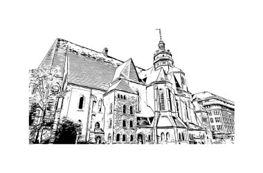 Leipzig, Almanya 'da yer alan bir şehirdir. Vektörde elle çizilmiş çizim çizimi.