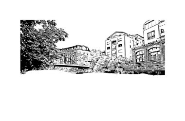 Leipzig, Almanya 'da yer alan bir şehirdir. Vektörde elle çizilmiş çizim çizimi.