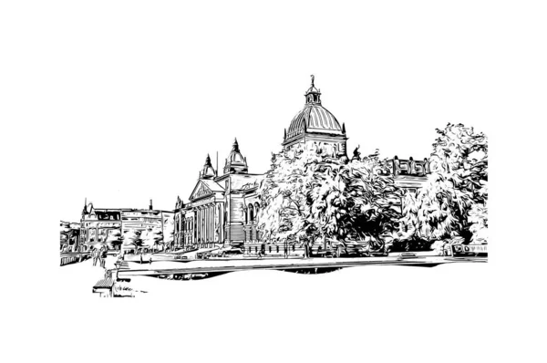 Leipzig, Almanya 'da yer alan bir şehirdir. Vektörde elle çizilmiş çizim çizimi.