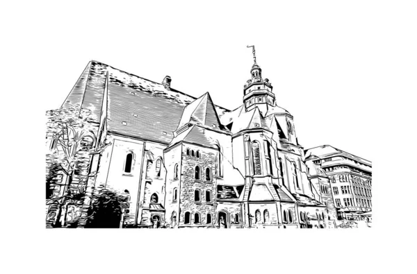 Print Building View Landmark Leipzig City Germany Hand Drawn Sketch — Vetor de Stock