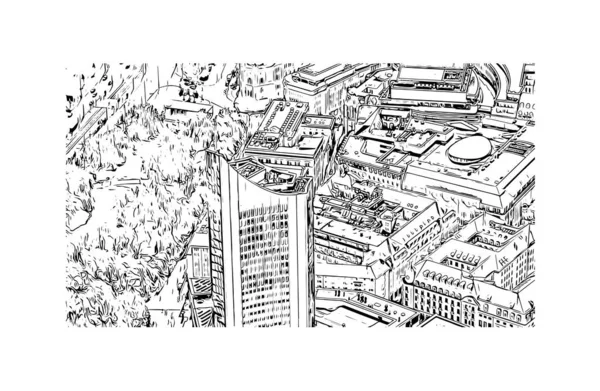 Print Building Vista Com Marco Leipzig Cidade Alemanha Desenho Desenhado — Vetor de Stock