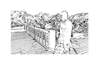 Print Building view with landmark of Les Deux Alpes, Fransa 'da bir kayak merkezidir. Vektörde elle çizilmiş çizim çizimi.