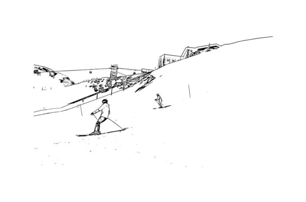 Vytisknout Pohled Budovu Orientačním Bodem Les Deux Alpes Lyžařské Středisko — Stockový vektor