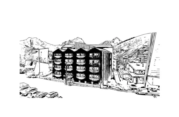 Print Building Vista Com Marco Les Deux Alpes Uma Estância — Vetor de Stock