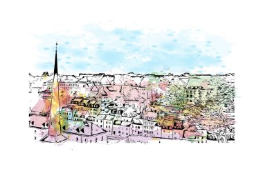 Print Building view with landmark of Lüksemburg is the country in Europe. Vektörde elle çizilmiş resim ile suluboya sıçraması.