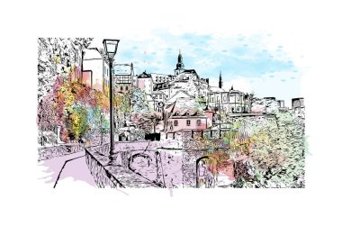 Print Building view with landmark of Lüksemburg is the country in Europe. Vektörde elle çizilmiş resim ile suluboya sıçraması.