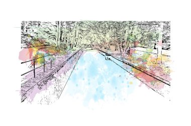 Print Building view with landmark of Lüksemburg is the country in Europe. Vektörde elle çizilmiş resim ile suluboya sıçraması.