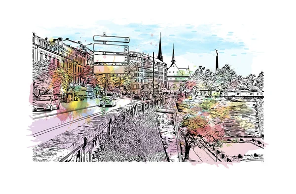 Print Building view with landmark of Lüksemburg is the country in Europe. Vektörde elle çizilmiş resim ile suluboya sıçraması.