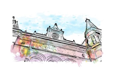 Print Building view with landmark of Lüksemburg is the country in Europe. Vektörde elle çizilmiş resim ile suluboya sıçraması.