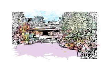 Print Building view with landmark of Lüksemburg is the country in Europe. Vektörde elle çizilmiş resim ile suluboya sıçraması.