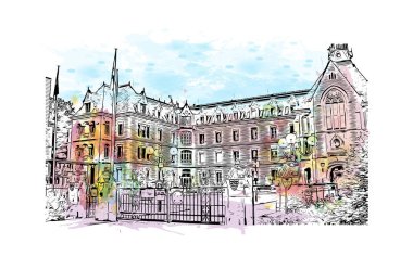 Print Building view with landmark of Lüksemburg is the country in Europe. Vektörde elle çizilmiş resim ile suluboya sıçraması.