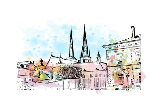 Print Building View Landmark Luxembourg Ország Európában Akvarell Splash Kézzel — Stock Vector