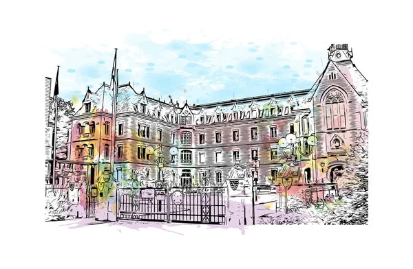 Print Building view with landmark of Lüksemburg is the country in Europe. Vektörde elle çizilmiş resim ile suluboya sıçraması.