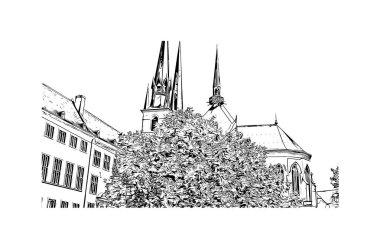Print Building view with landmark of Lüksemburg is the country in Europe. Vektörde elle çizilmiş çizim çizimi.