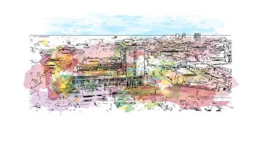 Print Building view with landmark of Lome is the capital in Togo. Watercolor splash with hand drawn sketch illustration in vector.