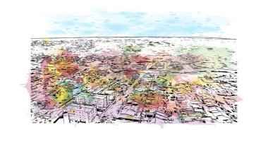 Print  Building view with landmark of Londrina is a city in southern Brazil. Watercolor splash with hand drawn sketch illustration in vector.