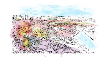 Print Building view with landmark of Londrina is a city in southern Brazil. Watercolor splash with hand drawn sketch illustration in vector.