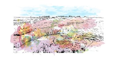 Print Building view with landmark of Londrina is a city in southern Brazil. Watercolor splash with hand drawn sketch illustration in vector.