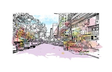 Print Building view with landmark of Londrina is a city in southern Brazil. Watercolor splash with hand drawn sketch illustration in vector.