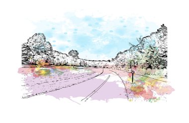 Print  Building view with landmark of Lorain is the city in Ohio. Watercolor splash with hand drawn sketch illustration in vector.