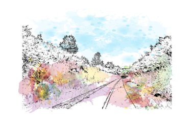 Print  Building view with landmark of Lorain is the city in Ohio. Watercolor splash with hand drawn sketch illustration in vector.