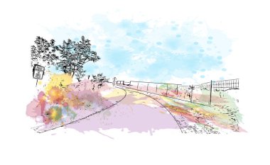 Print  Building view with landmark of Lorain is the city in Ohio. Watercolor splash with hand drawn sketch illustration in vector.