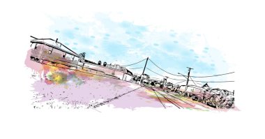 Print  Building view with landmark of Lorain is the city in Ohio. Watercolor splash with hand drawn sketch illustration in vector.