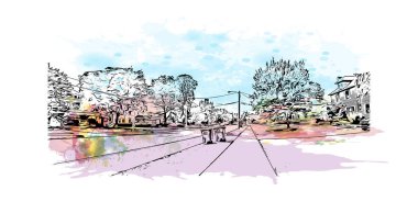 Print Building view with landmark of Lorain is the city in Ohio. Watercolor splash with hand drawn sketch illustration in vector.