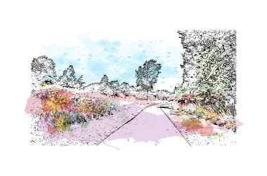 Print Building view with landmark of Lorain is the city in Ohio. Watercolor splash with hand drawn sketch illustration in vector.