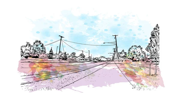 Print  Building view with landmark of Lorain is the city in Ohio. Watercolor splash with hand drawn sketch illustration in vector.