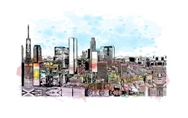 Print Building view with landmark of Los Angeles is the city in California. Watercolor splash with hand drawn sketch illustration in vector.