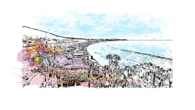 Print Building view with landmark of Los Angeles is the city in California. Watercolor splash with hand drawn sketch illustration in vector.