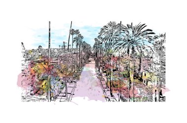 Print Building view with landmark of Los Angeles is the city in California. Watercolor splash with hand drawn sketch illustration in vector.