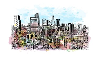Print Building view with landmark of Los Angeles is the city in California. Watercolor splash with hand drawn sketch illustration in vector.