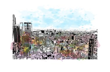 Print Building view with landmark of Los Angeles is the city in California. Watercolor splash with hand drawn sketch illustration in vector.