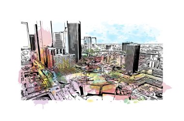 Print Building view with landmark of Los Angeles is the city in California. Watercolor splash with hand drawn sketch illustration in vector.